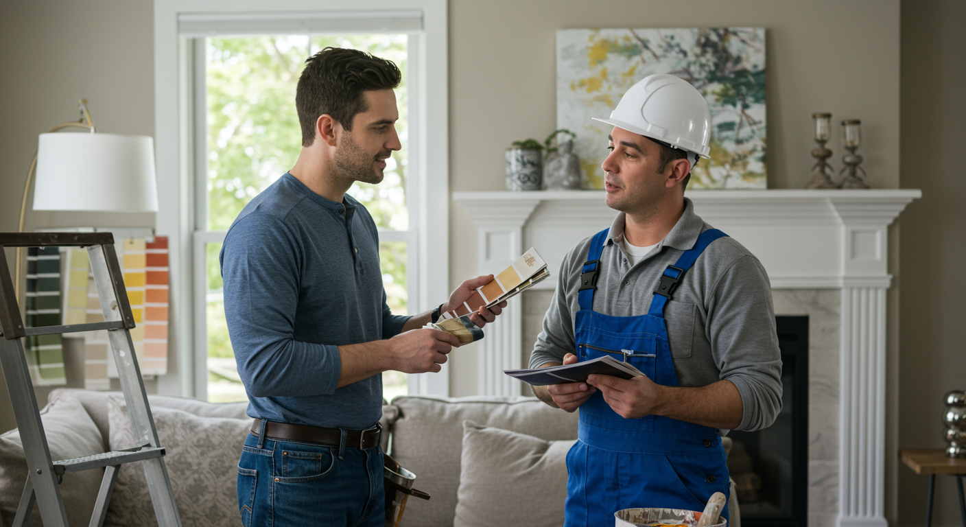 A painter discussing color options with a homeowner, showcasing a collaborative approach. The setting is a beautifully decorated room with samples of paint on the wall, reflecting customer engagement and satisfaction.