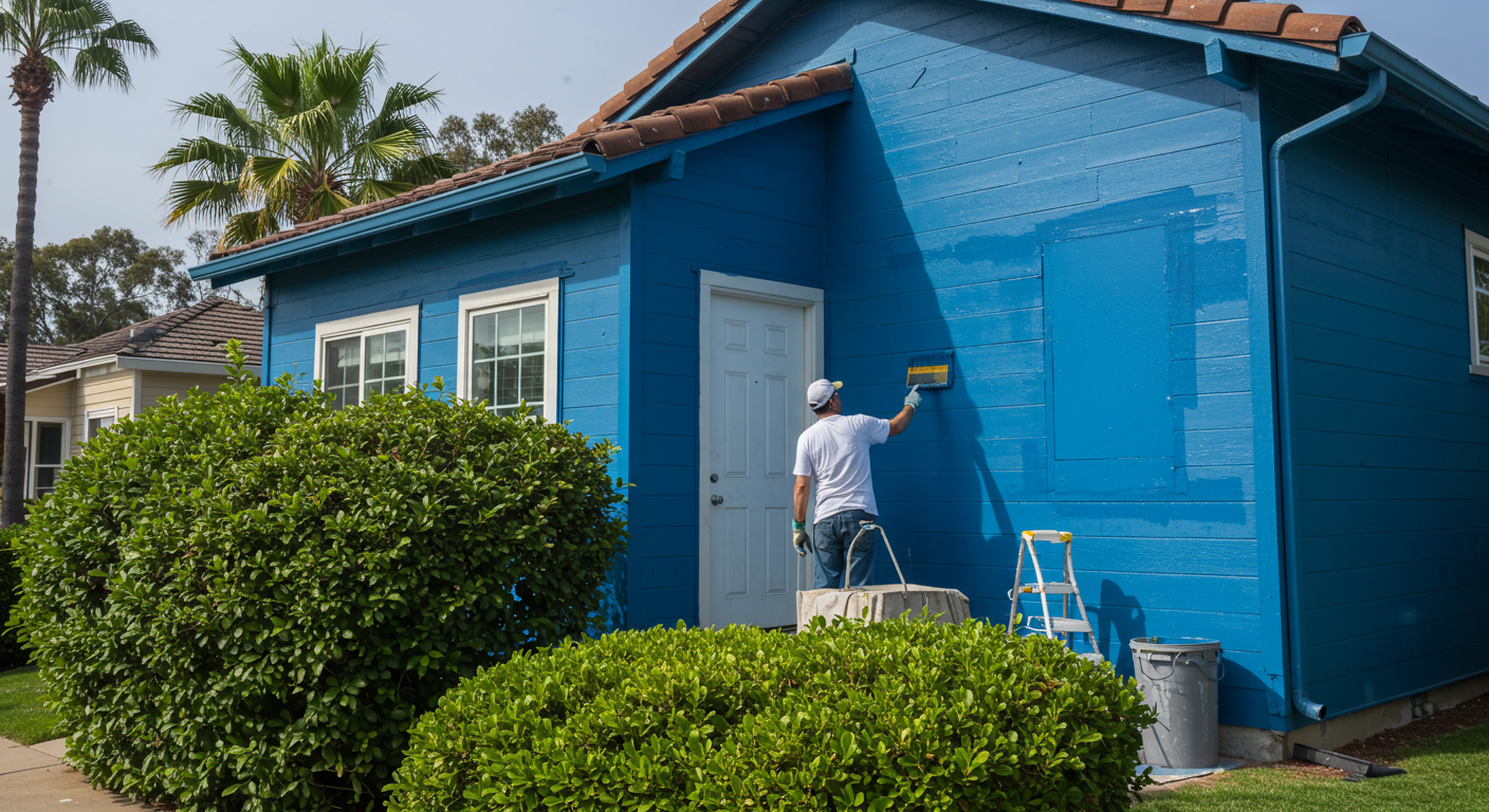 A professional painter carefully applying a fresh coat of vibrant blue paint on the exterior of a charming San Diego home, surrounded by lush greenery and palm trees.