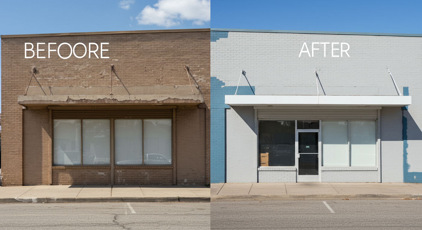 A split-screen image showing a commercial building before and after a professional paint job. The 'before' side is faded and worn, while the 'after' side is vibrant and freshly painted.
