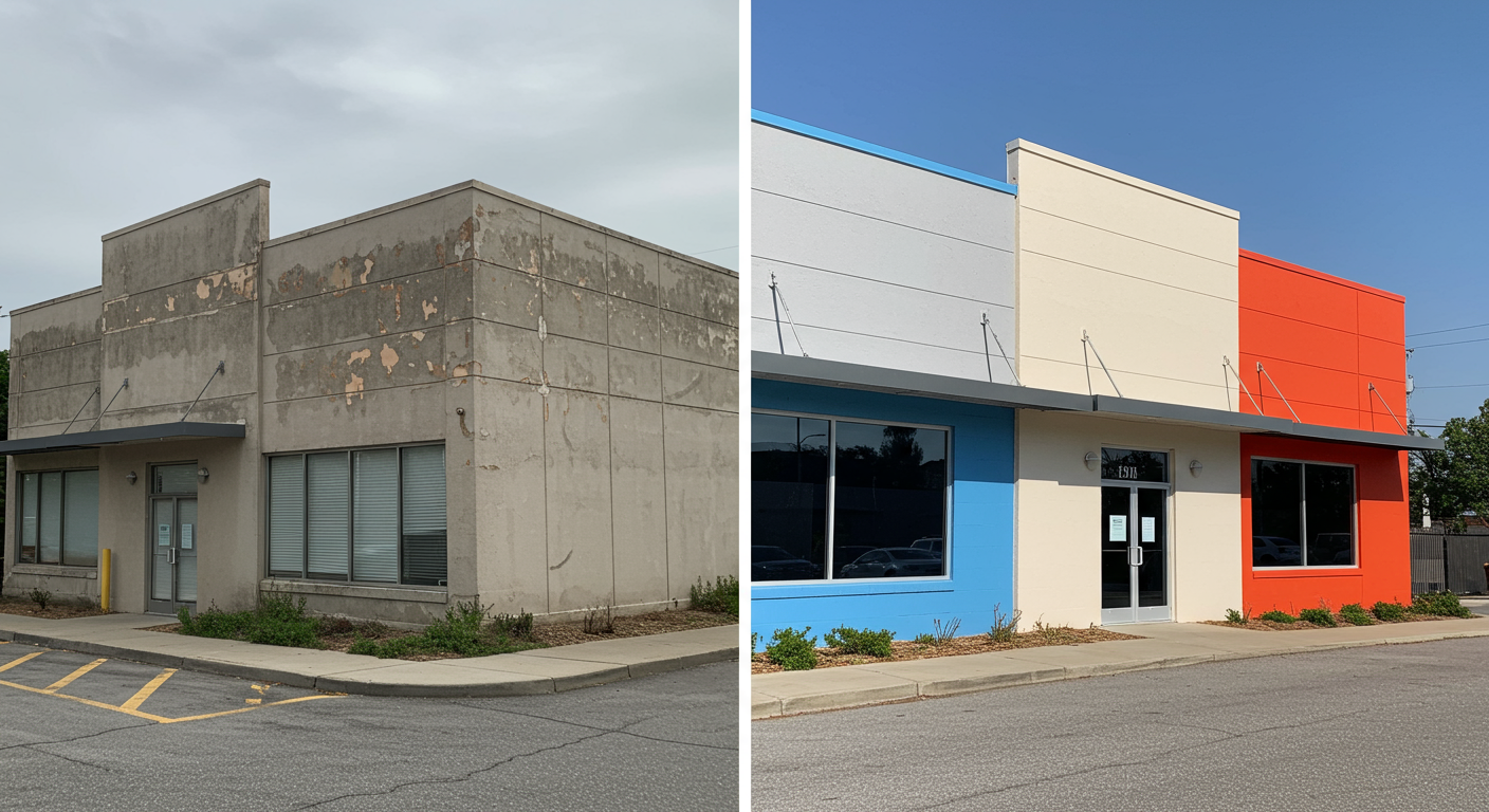 A side-by-side comparison of a commercial building before and after a professional paint job, showcasing a dramatic transformation.