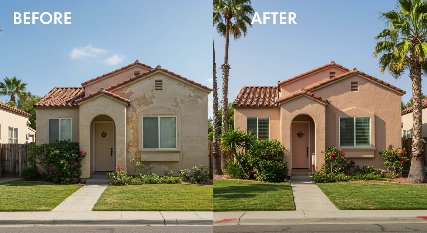 A split-view image showing the transformation of a San Diego home before and after exterior painting. The 'before' side shows faded and peeling paint, while the 'after' side displays a vibrant, freshly painted exterior. The home is surrounded by a well-maintained garden and iconic San Diego palm trees.