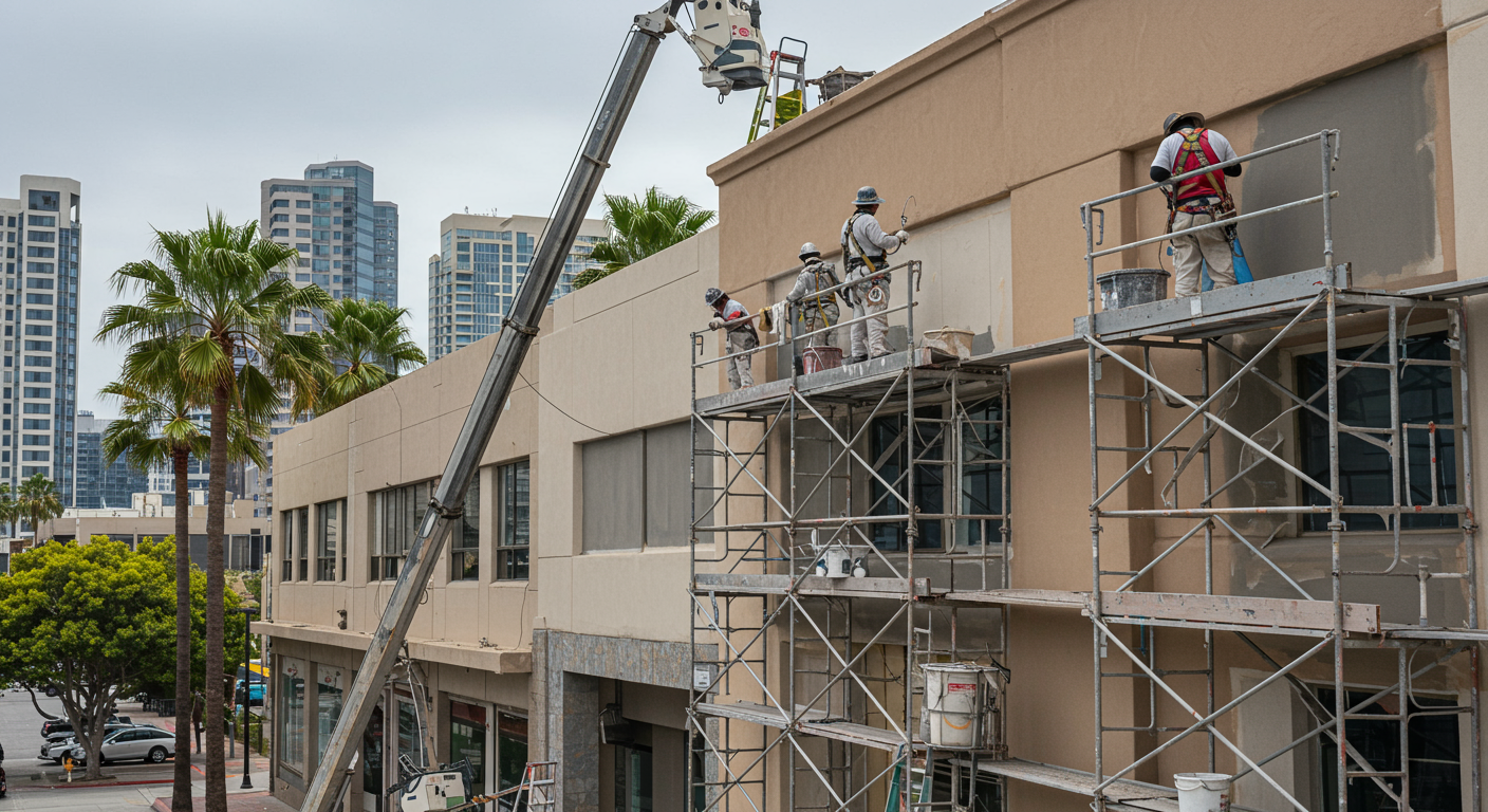 A group of painters using scaffolding and spray equipment to paint the exterior of a commercial building in downtown San Diego. The image shows a clean, organized worksite with safety equipment in use. The background includes iconic San Diego architecture and palm trees.