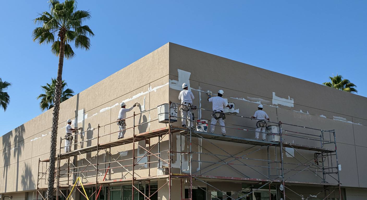 A team of professional painters working on a commercial building in San Diego.