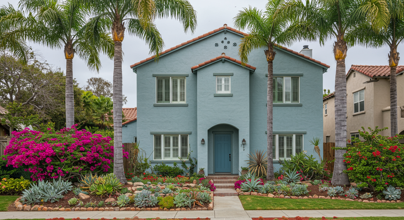 A beautifully painted San Diego home with a fresh coat of paint, surrounded by a well-maintained garden and palm trees.