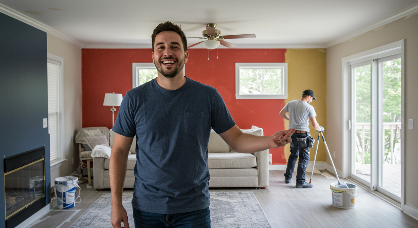 A smiling homeowner standing in a freshly painted room, admiring the work. The room features a vibrant accent wall, modern decor, and a professional painter in the background cleaning up.