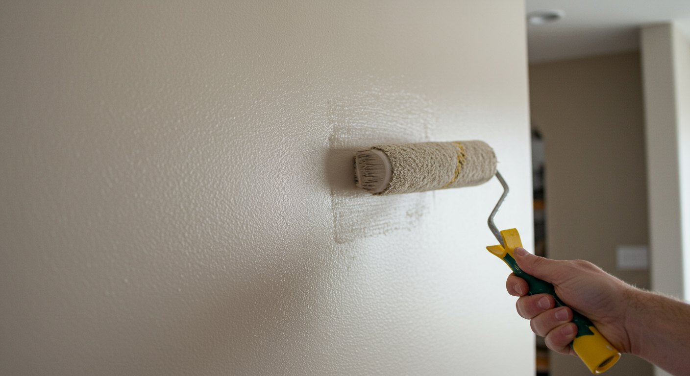 A close-up of a freshly painted wall with a smooth, flawless finish. A painter’s hand holding a roller brush is slightly visible, emphasizing the precision and quality of the work. The background subtly shows a modern San Diego home interior.