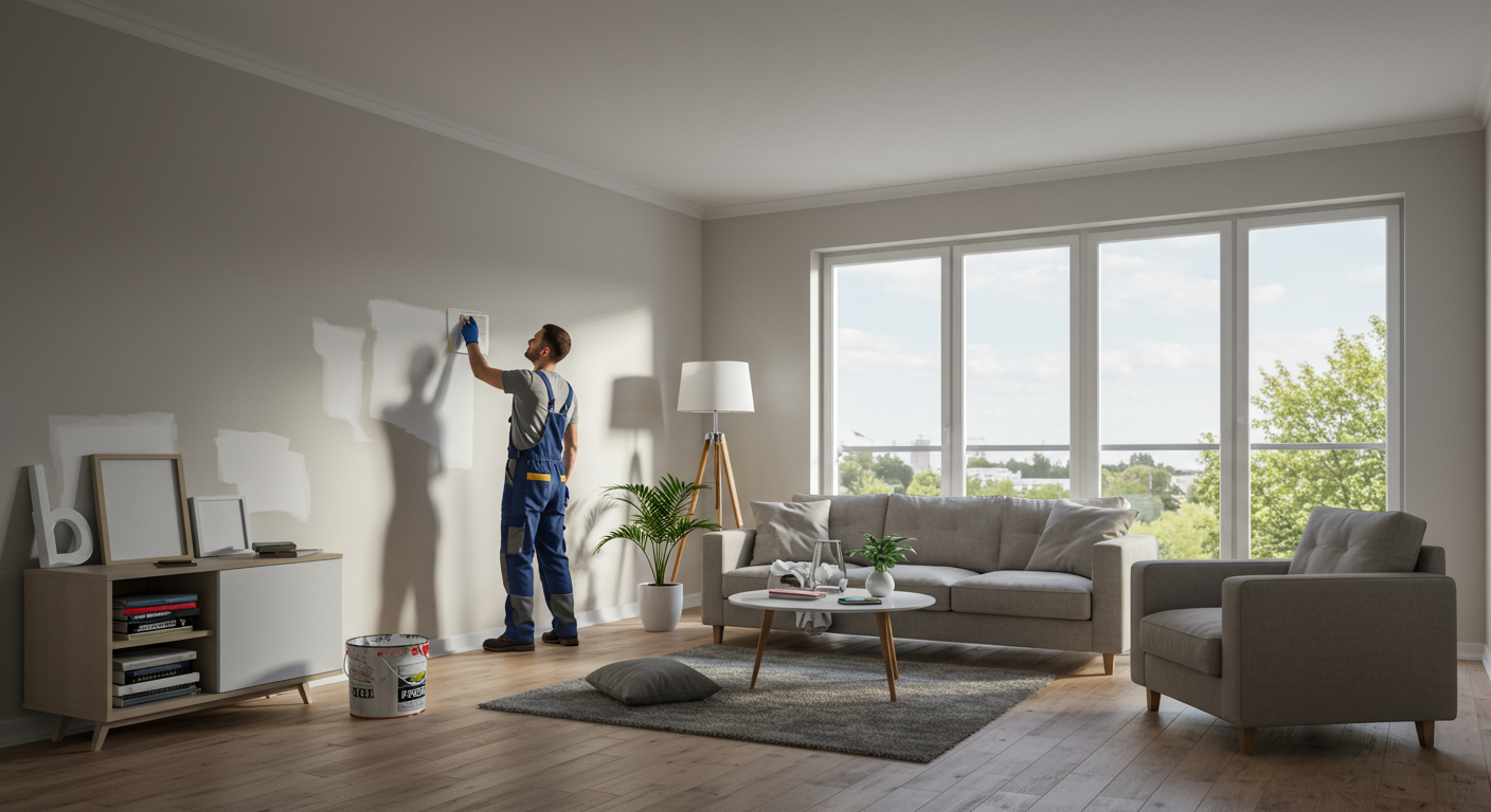 A professional painter carefully painting the interior walls of a modern living room. The room features stylish furniture, natural light streaming through large windows, and a clean, polished look. The focus is on the painter's attention to detail and the high-quality finish.