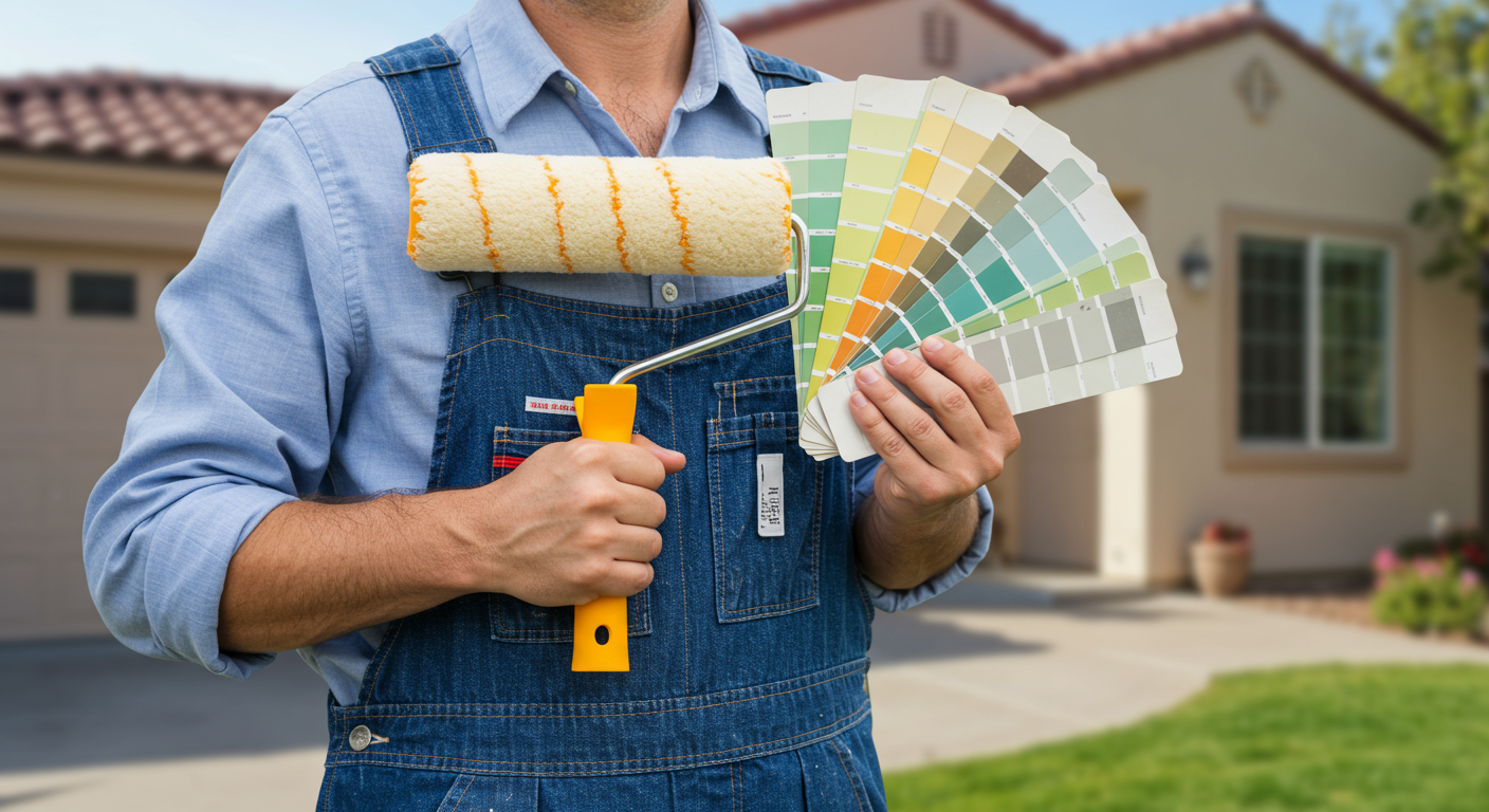 A professional painter holding a paint roller and a color palette, standing in front of a home in San Diego. The image highlights the tools of the trade and the variety of color options available.