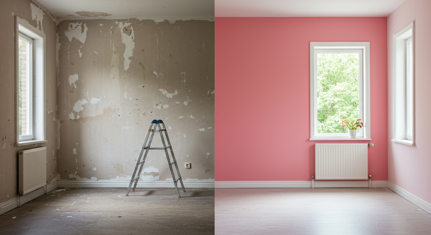 A split-screen image showing a room before and after painting. The 'before' side is dull and worn, while the 'after' side is vibrant and freshly painted in a trendy color. The transformation highlights the impact of professional painting services.