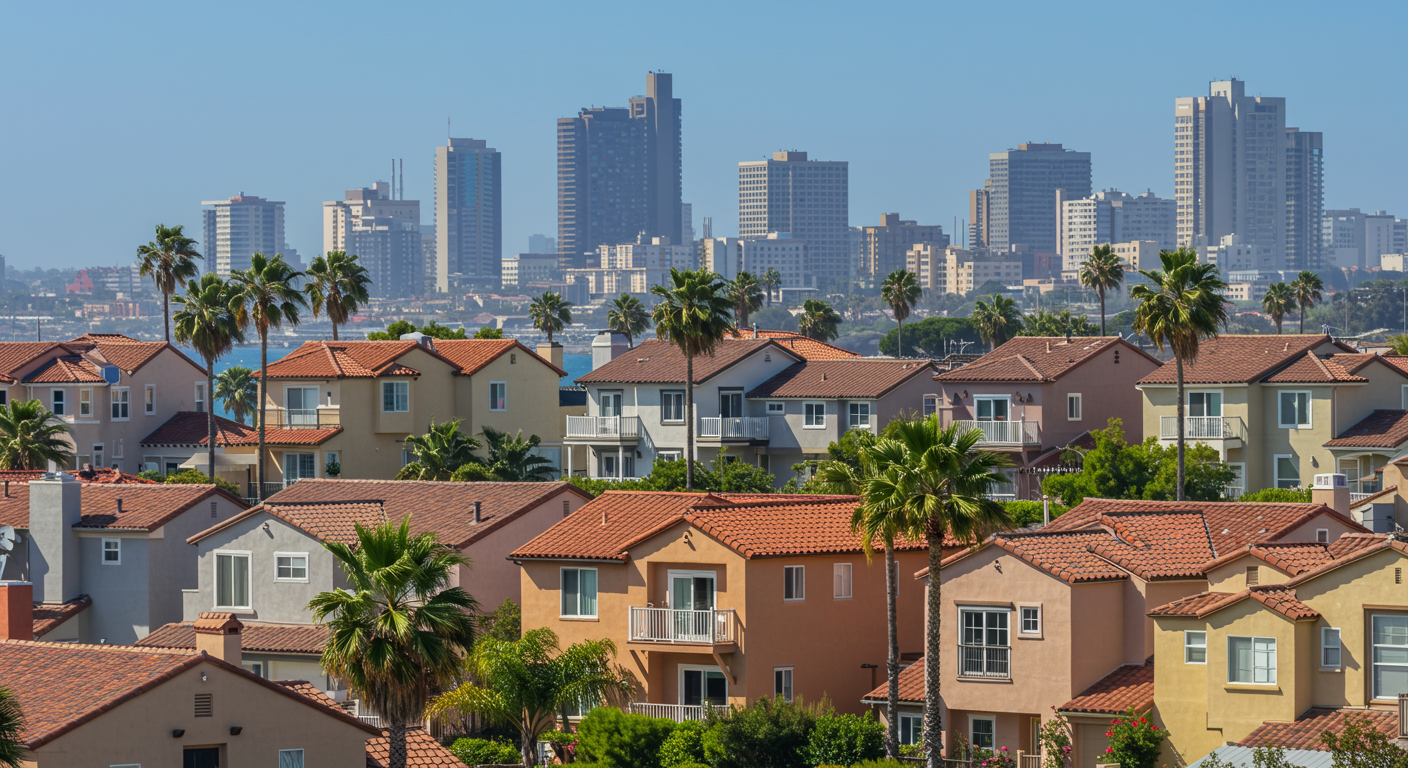 A picturesque view of a San Diego neighborhood with beautifully painted homes.