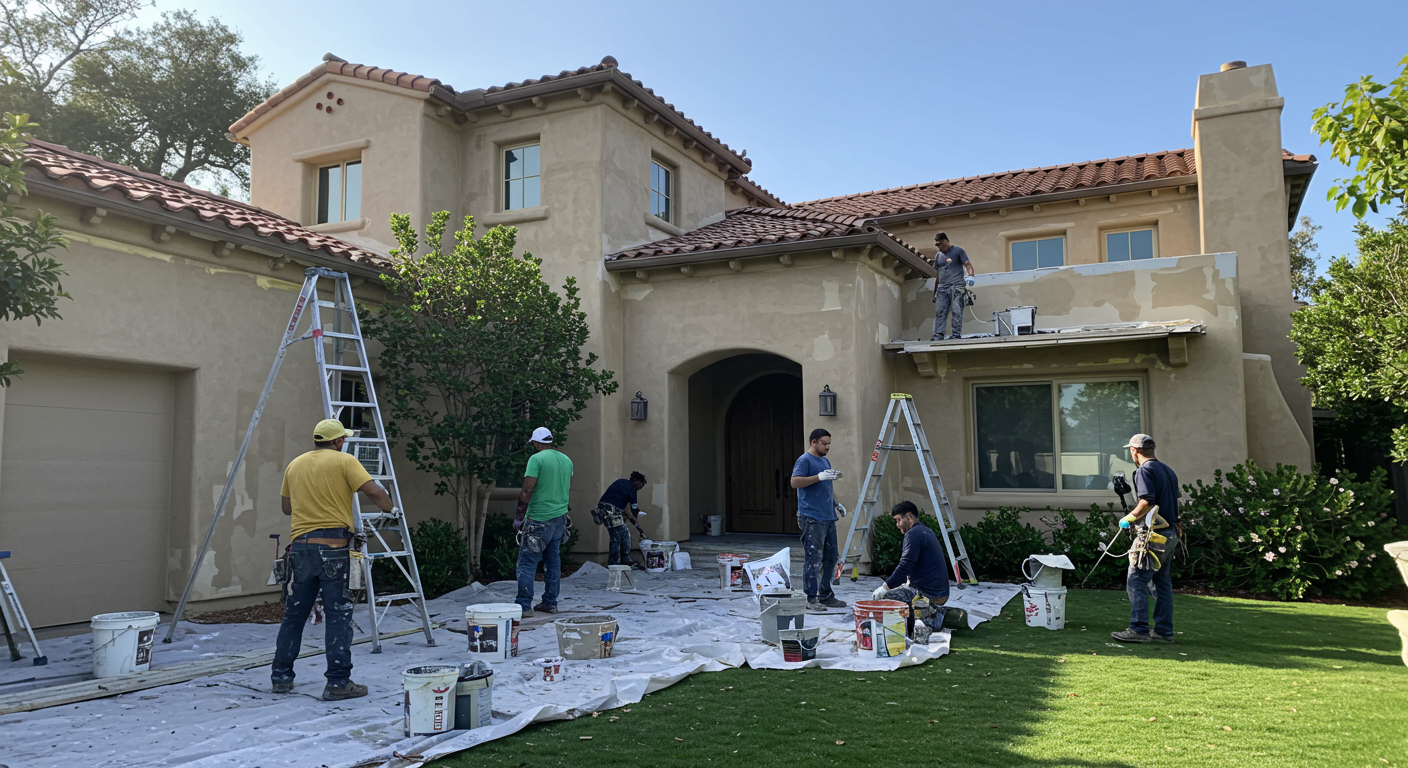 A professional painter on a ladder applying fresh white paint to the exterior of a modern San Diego-style home.