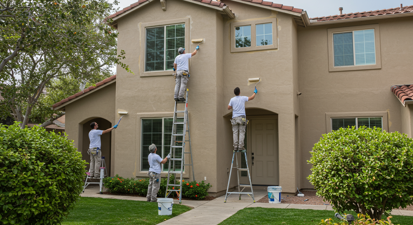A team of painters working on the exterior of a two-story home in San Diego. One painter is on a ladder painting the trim, while another is rolling paint on the walls.