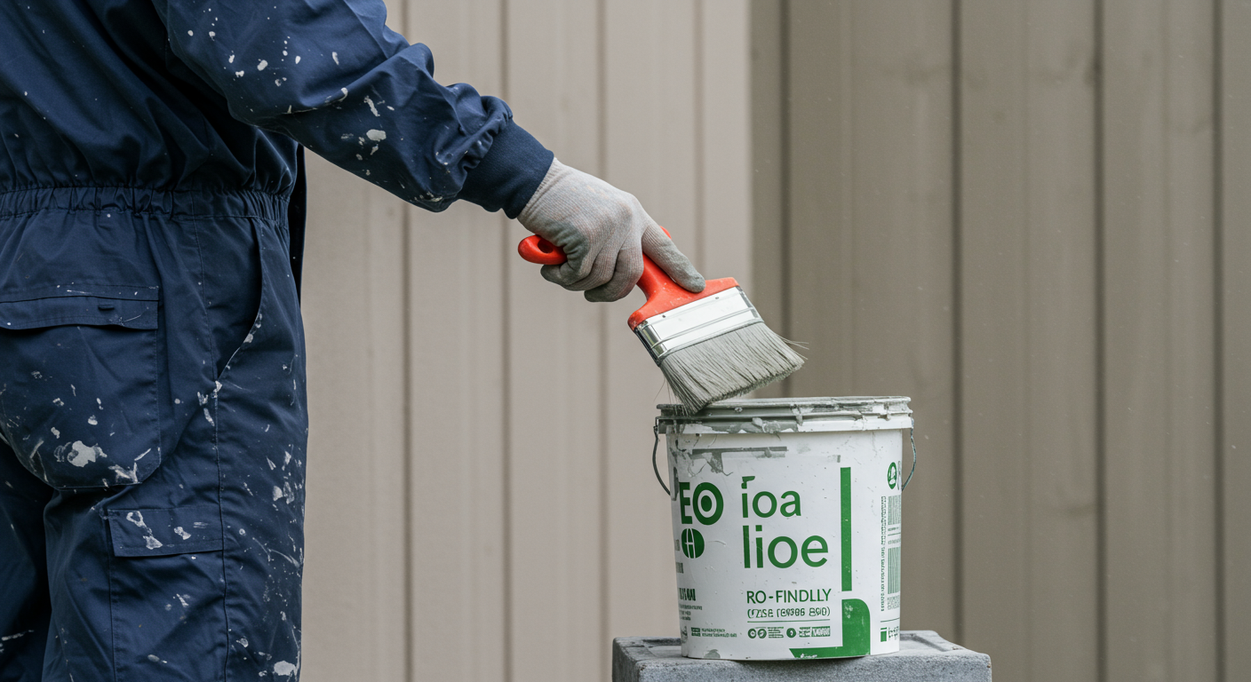 A professional painter applying eco-friendly paint to a house exterior, with a focus on the tools and materials used in the process.
