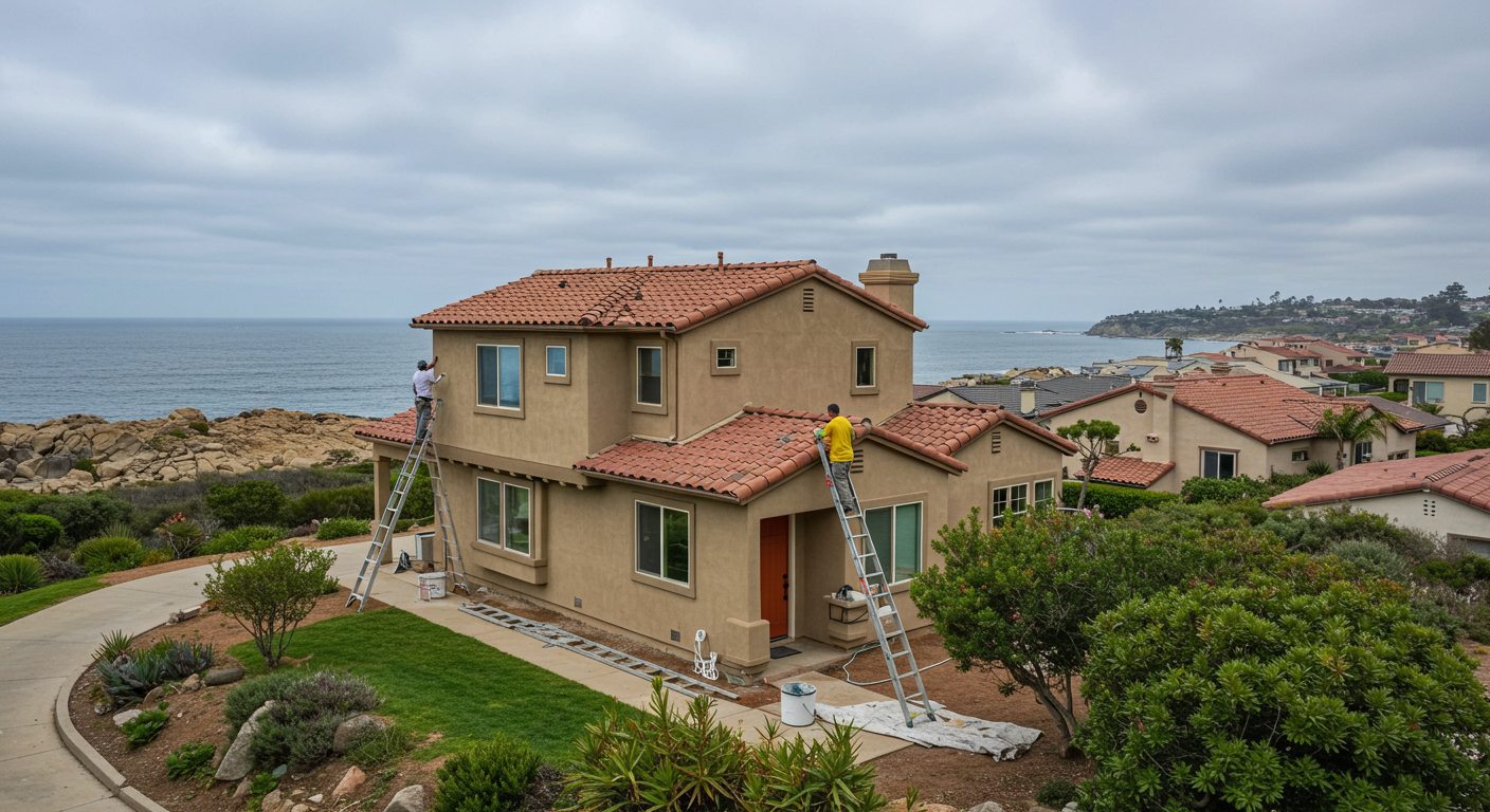 A picturesque San Diego home with a painter working on the exterior, using a ladder to reach the upper sections. The house features a beautiful coastal backdrop, emphasizing curb appeal.