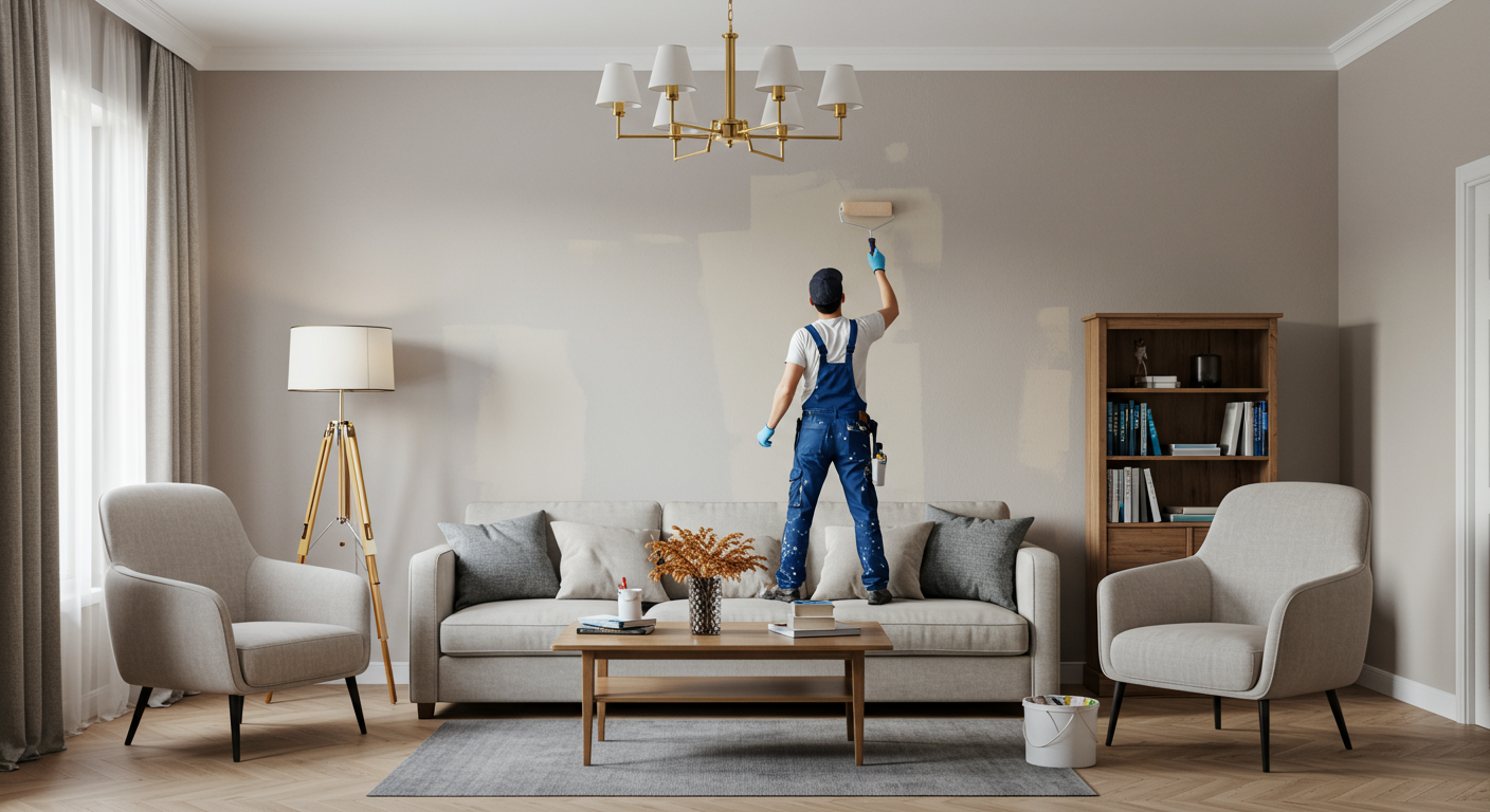 A professional interior painter in action, carefully painting a living room wall with a roller. The room is well-lit, showcasing a modern and stylish interior with elegant furniture and decor.