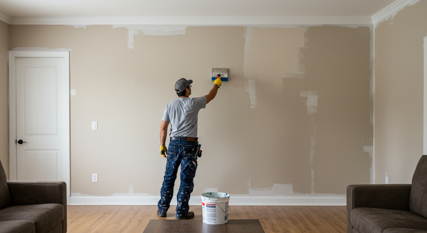 A professional painter in San Diego applying a fresh coat of paint to a living room wall. The scene captures the painter in action, showcasing their tools and the vibrant colors being used.