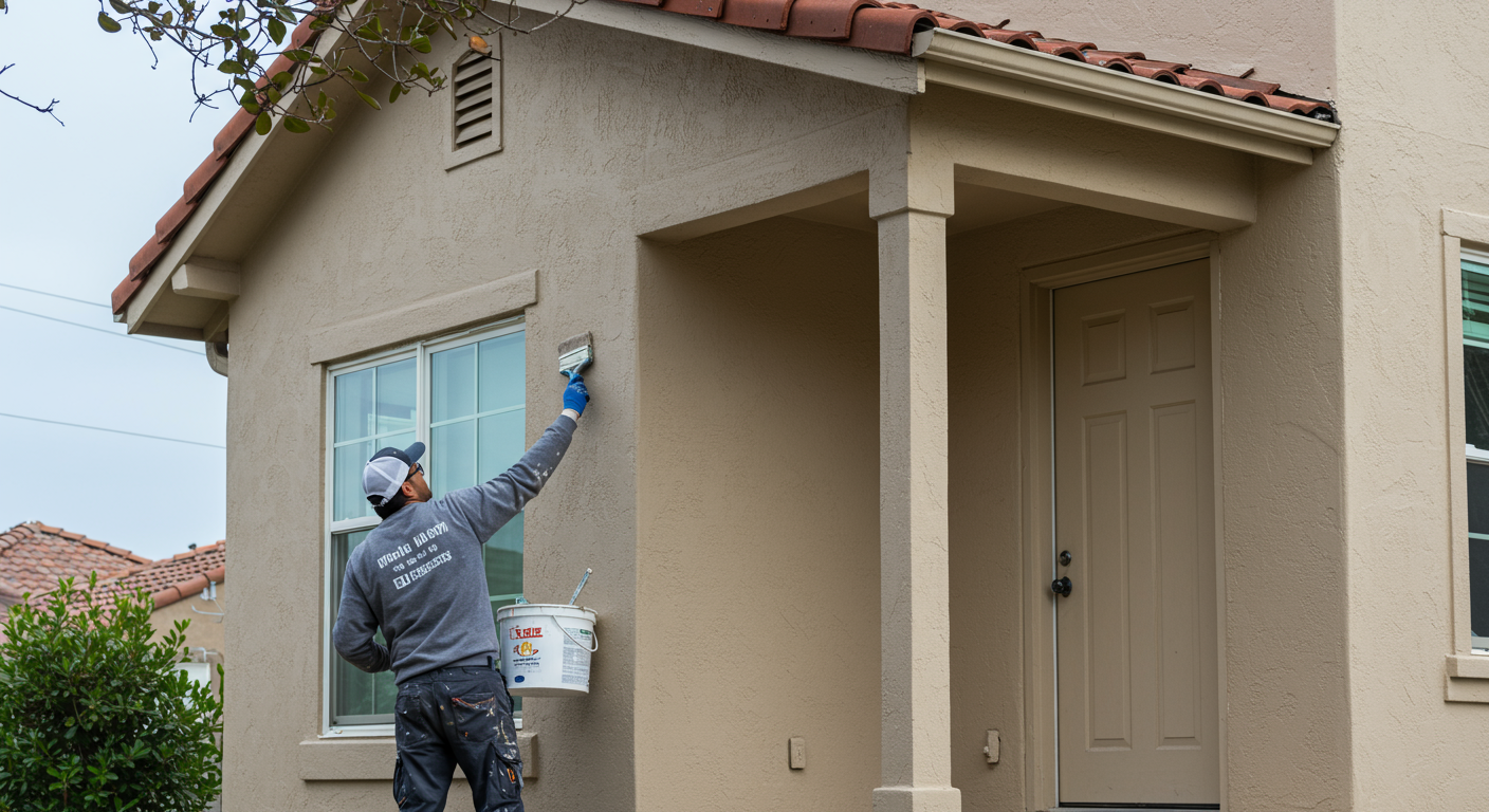 A skilled painter in a uniform carefully applying fresh paint to the exterior of a charming San Diego home. The scene captures the painter in action, showcasing their attention to detail and craftsmanship.