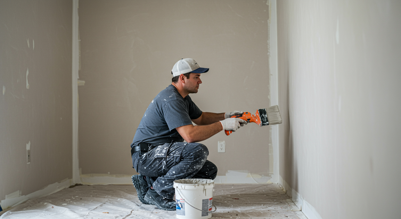A professional painter in action, applying a fresh coat of paint to the interior walls of a home. The painter is focused and using high-quality tools, reflecting professionalism and expertise.