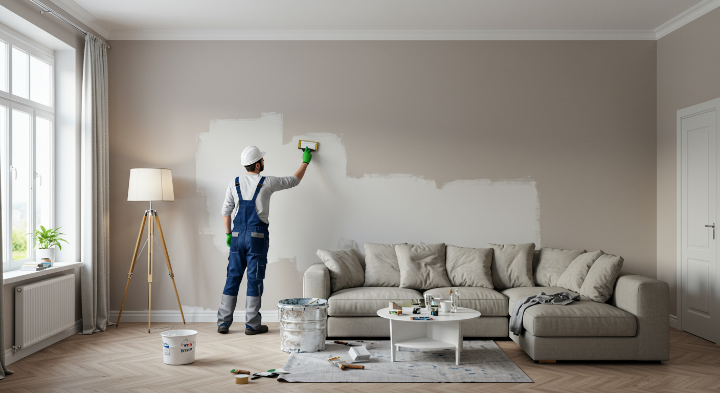 A skilled painter carefully applying a fresh coat of paint to a living room wall, showcasing precision and attention to detail. The room features modern decor and vibrant colors.
