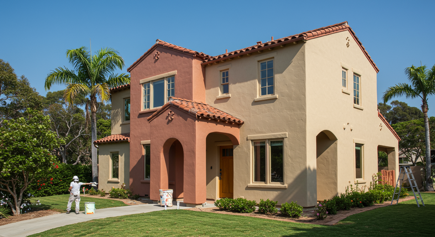 A professional painter applying a fresh coat of vibrant paint to a charming San Diego home, showcasing the beautiful architecture and palm trees in the background.