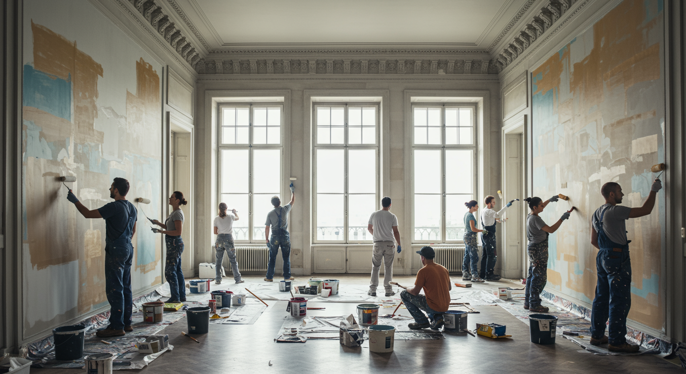 A group of professional painters collaborating on a large interior space, demonstrating teamwork and efficiency in their work.