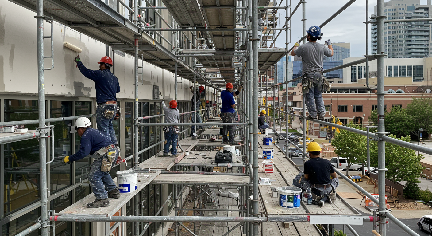 A team of painting contractors collaborating on a large commercial project, demonstrating teamwork and professionalism in action.