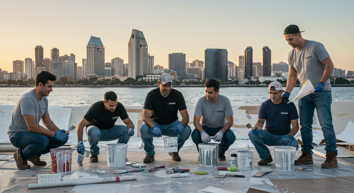 A team of professional painters collaborating on a large-scale project, with paint buckets and tools scattered around. The backdrop features a beautiful San Diego skyline, symbolizing teamwork and quality service.