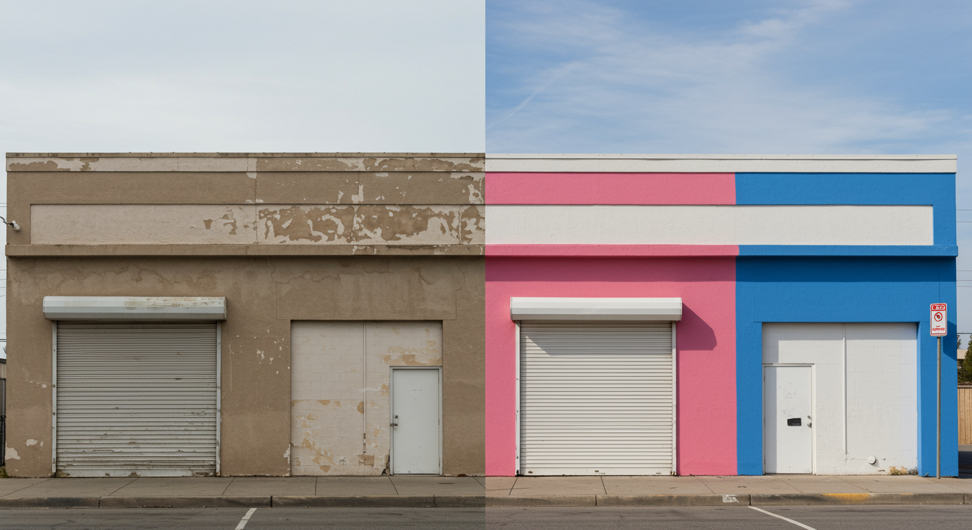 A split-screen image showing a commercial building before and after painting. The 'before' side shows a faded and worn-out exterior, while the 'after' side displays a vibrant and freshly painted facade.