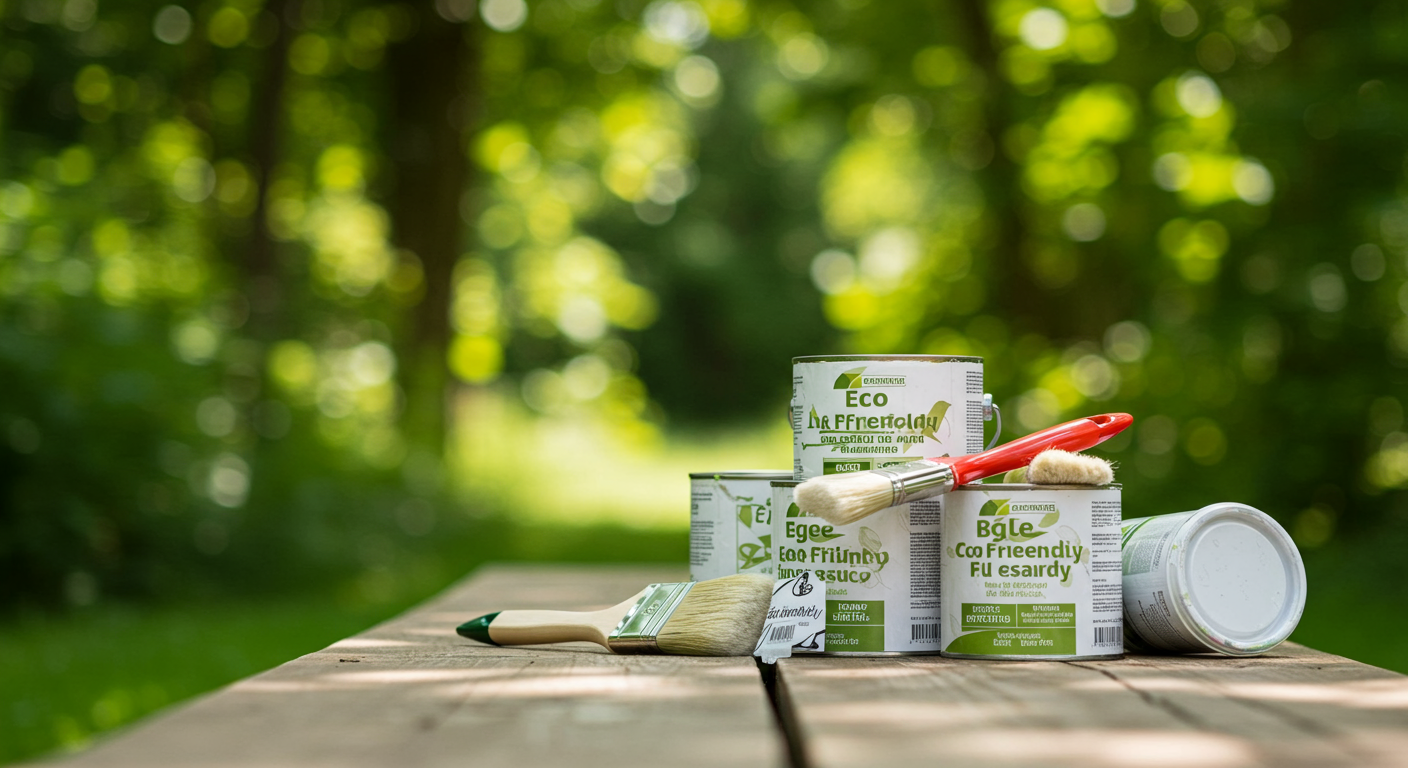 A serene outdoor setting featuring a painter using eco-friendly paints. The image includes a selection of eco-friendly paint cans and brushes, with lush greenery in the background, emphasizing sustainability.