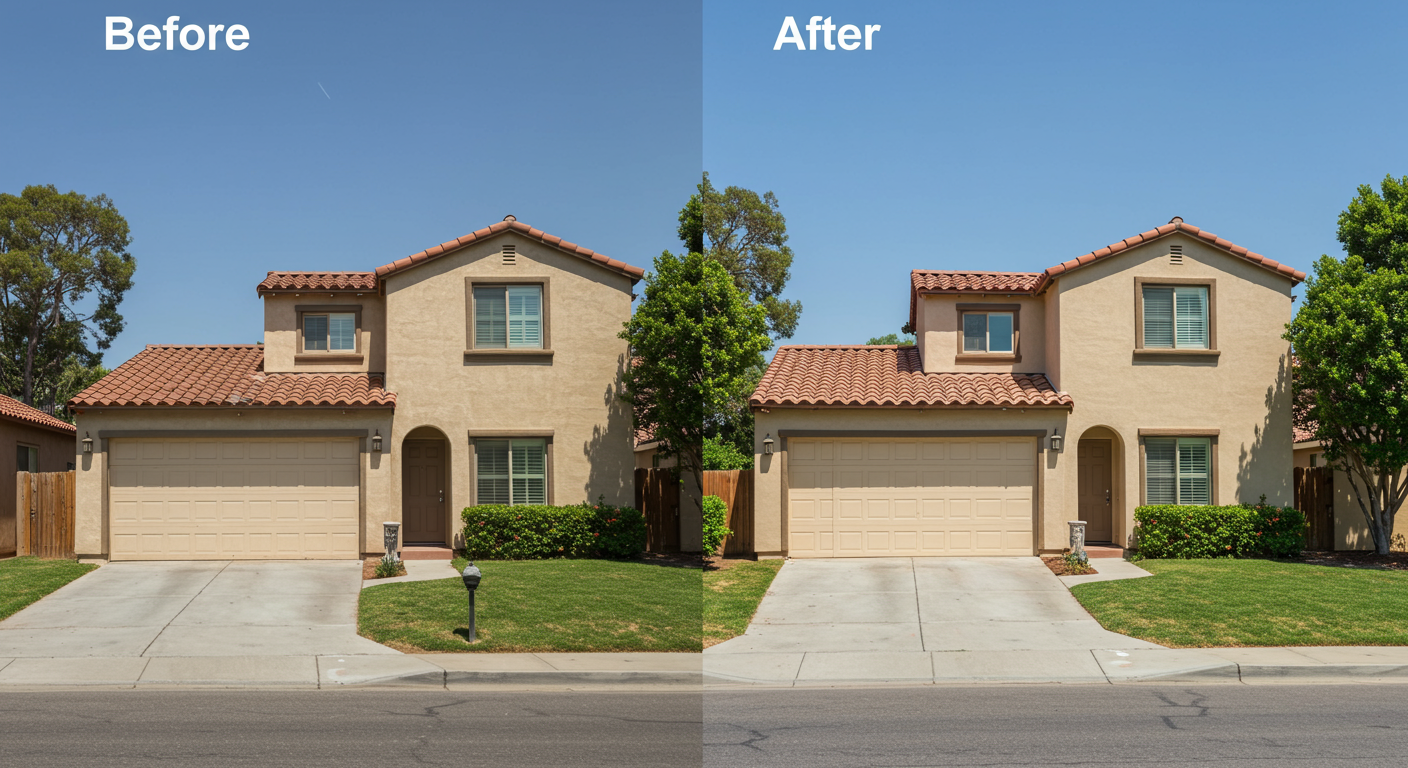 A split image showing a San Diego home before and after an exterior paint job. The 'before' side appears faded and weathered, while the 'after' side is vibrant and freshly painted, highlighting the transformation.