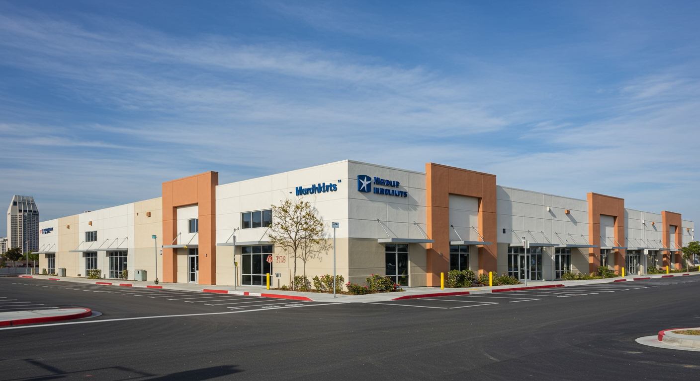 A panoramic view of a freshly painted commercial building with a modern design, set against a backdrop of San Diego's skyline. The image conveys professionalism and high-quality results.