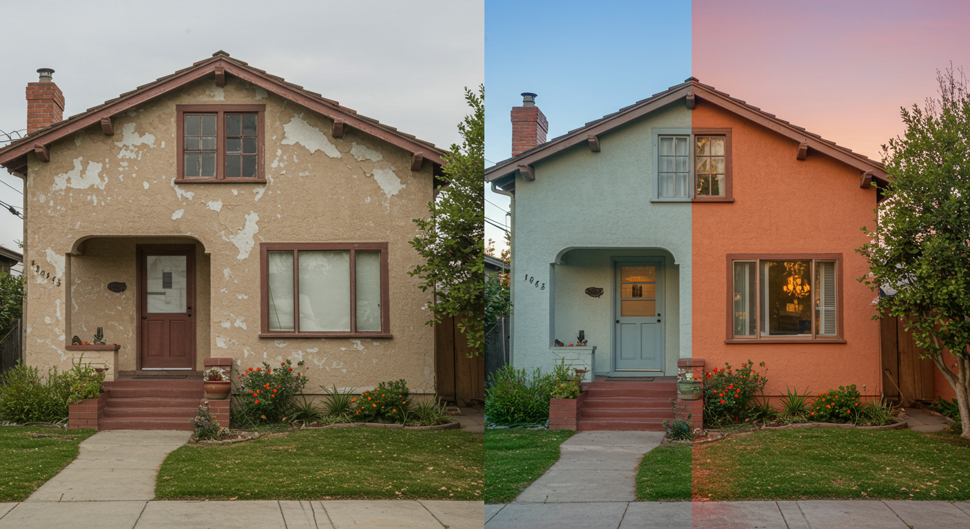 A split-screen image showing the transformation of a home's exterior before and after painting. The 'before' side shows faded, peeling paint, while the 'after' side displays a fresh, vibrant coat of paint. The home is a classic San Diego bungalow with a well-maintained garden.