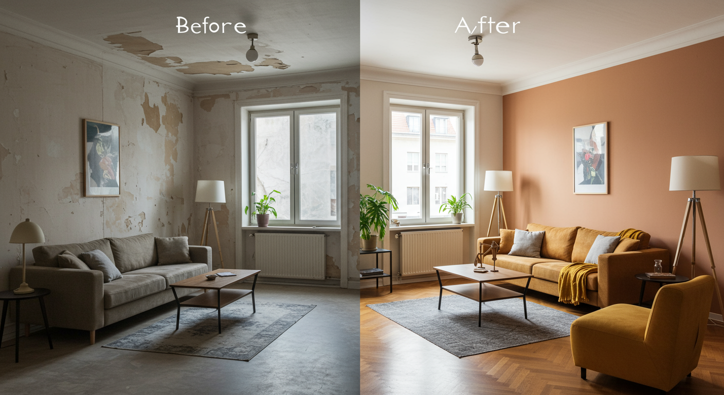 A before-and-after image of a living room transformation. The 'before' side shows dull, chipped walls, while the 'after' side displays a vibrant, freshly painted interior with modern furniture and decor. The color palette includes warm and inviting tones.