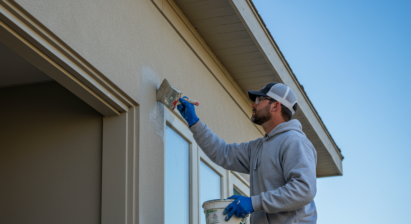 A skilled painter applying a fresh coat of eco-friendly paint to the exterior of a modern San Diego home.