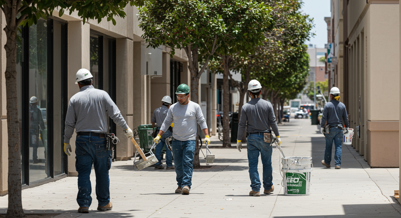 A team of professional painters wearing uniforms and safety gear working on a commercial building in San Diego. The painters are using eco-friendly paint and tools, with a clear focus on precision and teamwork.
