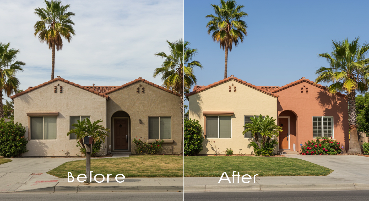 A split image showing a before-and-after transformation of a San Diego home’s exterior. The 'before' side shows a faded, weathered paint job, while the 'after' side displays a vibrant, freshly painted finish. The home is surrounded by palm trees and a well-maintained yard.