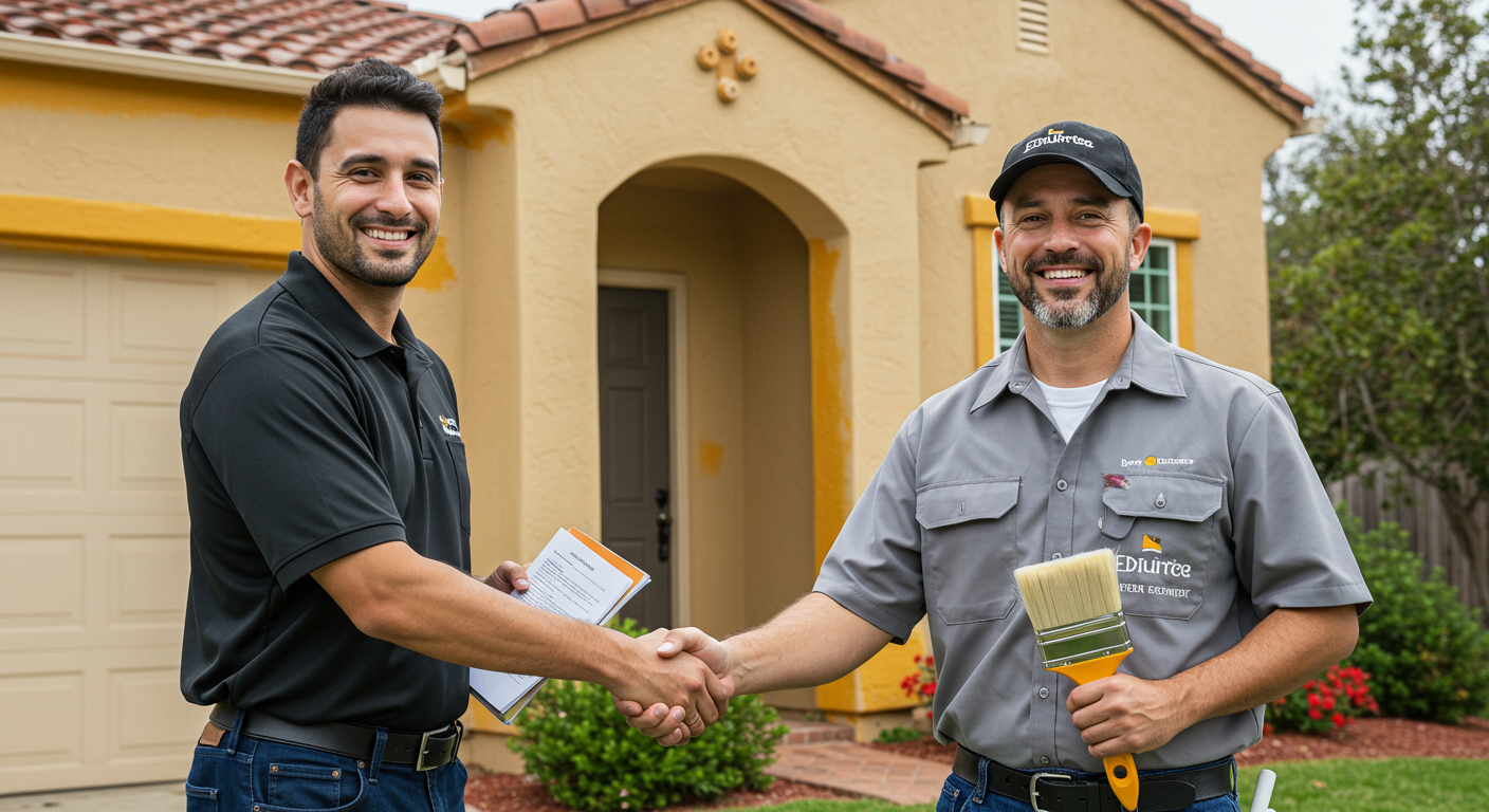 A smiling customer shaking hands with a professional painter in uniform in front of a freshly painted house.