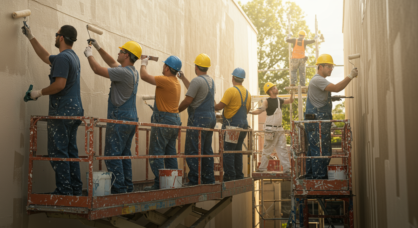 A team of professional painters working together on a large exterior painting project, showcasing teamwork and efficiency.