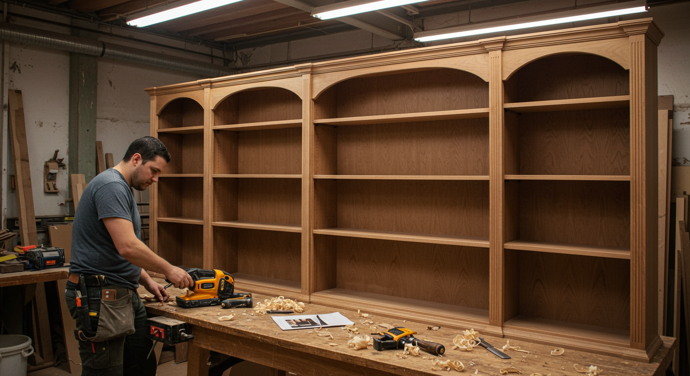 A carpenter working on a custom wooden bookshelf in a well-lit workshop, showcasing intricate details and craftsmanship, with tools and wood shavings scattered around.