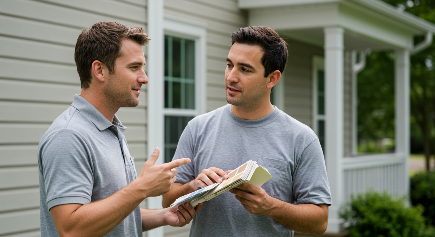 A friendly painter discussing color options with a homeowner in front of their house. This image represents the personalized service and consultation aspect of siding painting.