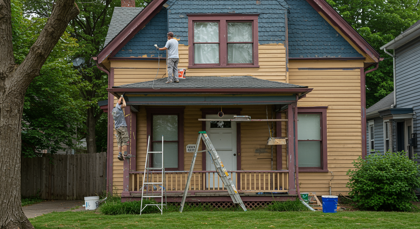 A charming house being painted with a fresh coat of exterior paint. The scene captures the painter on a ladder, with vibrant colors contrasting against the greenery of the yard.