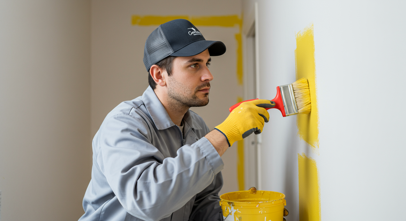 A professional painter in a clean uniform is carefully painting a small room, showcasing attention to detail.