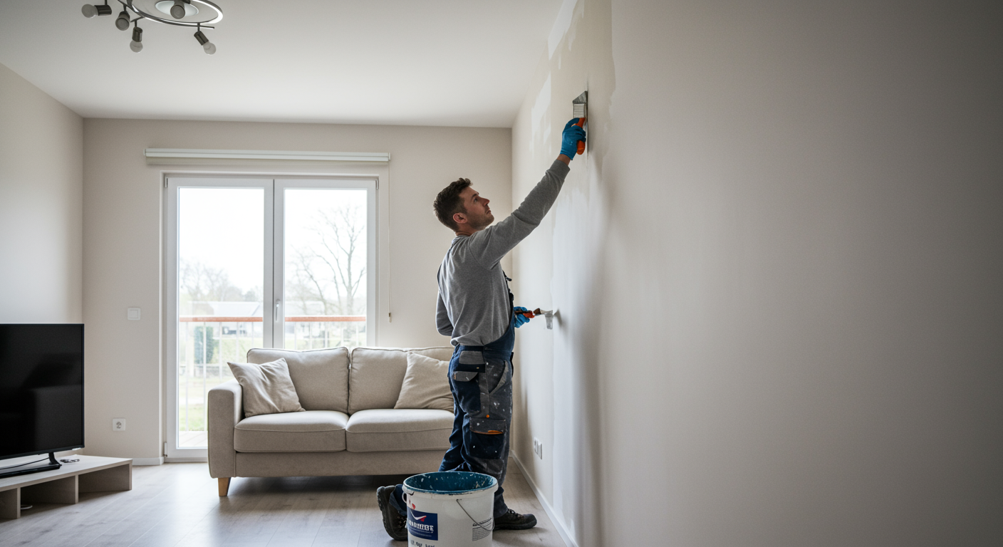 A professional painter applying a high-quality finish to a wall in a beautifully lit living room. The painter is focused on their work, showcasing precision and care.