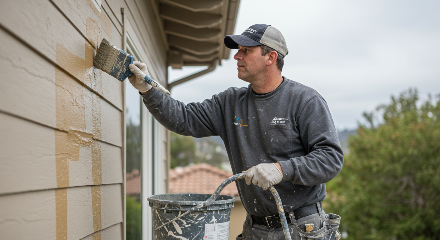 A professional painter in San Diego, CA, applying a fresh coat of paint to a beautiful home exterior. The painter is focused and wearing safety gear, showcasing professionalism.