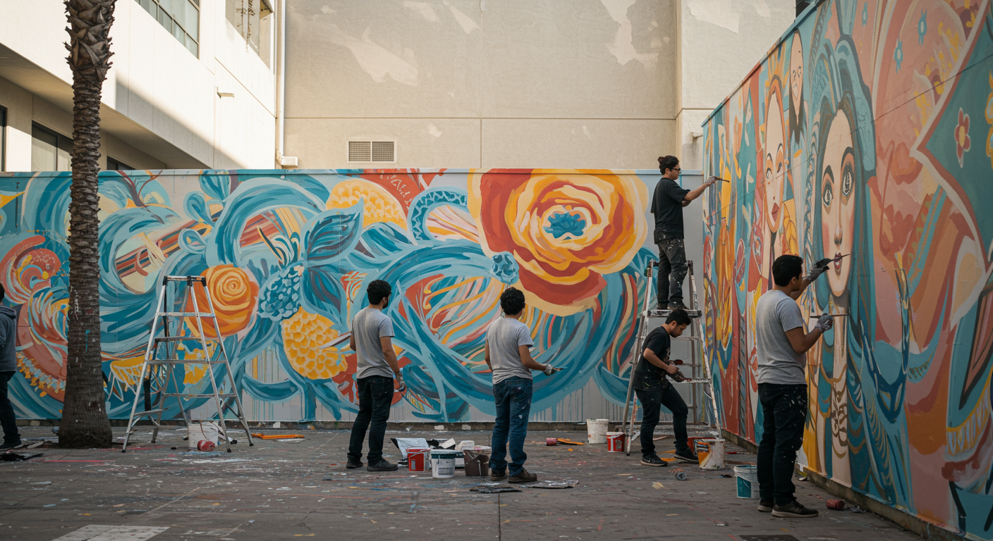 A diverse team of painters collaborating on a large mural in an urban San Diego setting. The mural features colorful designs and the painters are engaged in their work, showcasing teamwork and creativity.