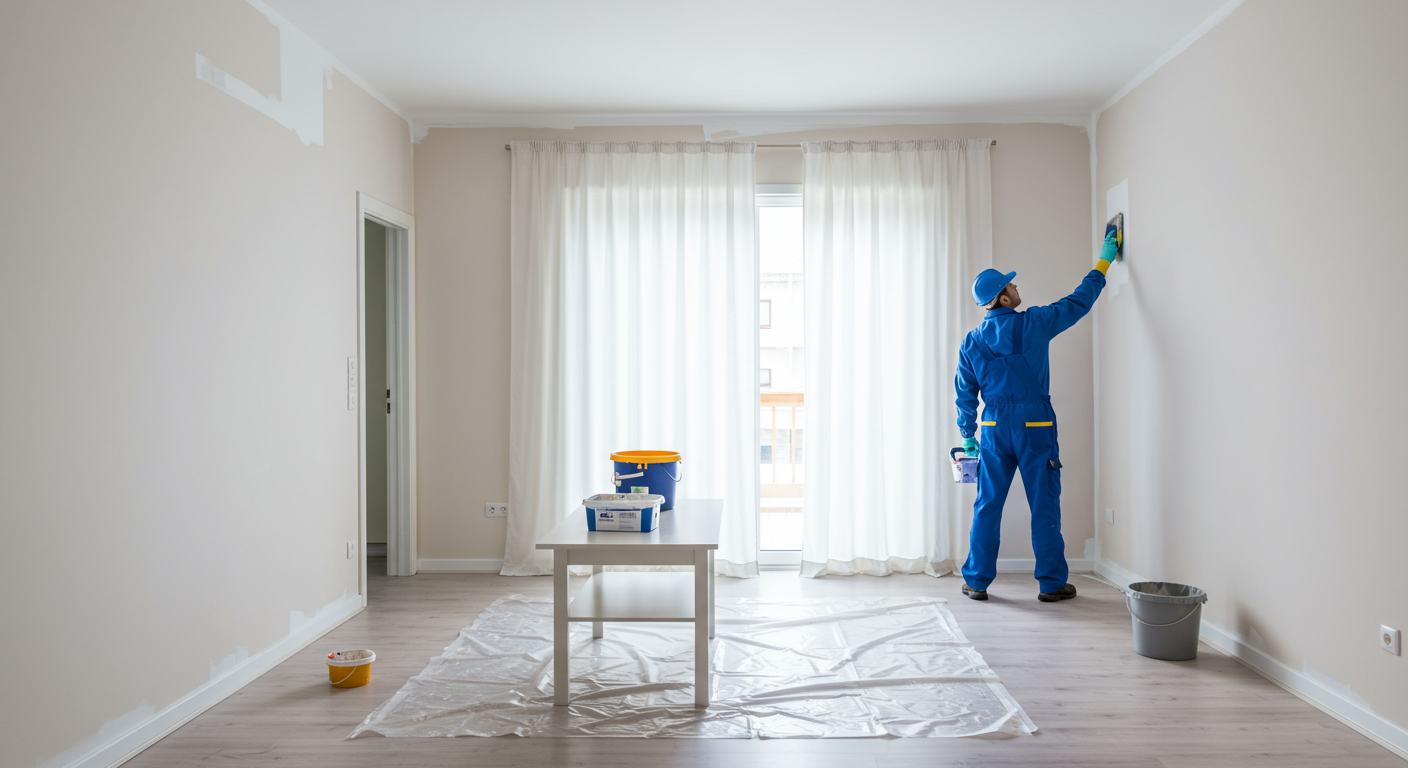 A professional painter in a blue uniform applying a fresh coat of paint to a living room wall. The room is well-lit, showcasing the transformation with vibrant colors.