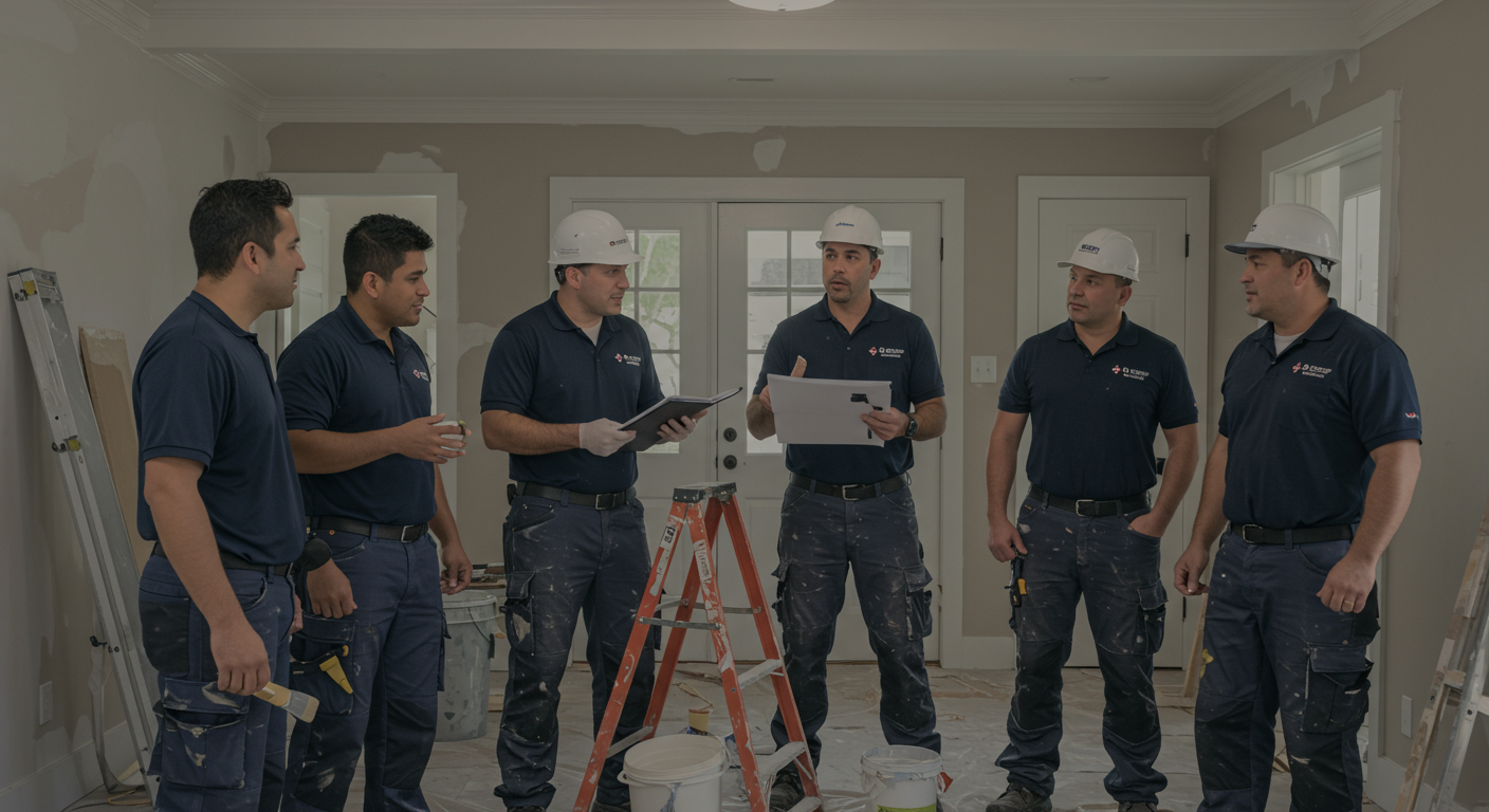 A team of professional painters discussing a project in a beautifully painted home interior.