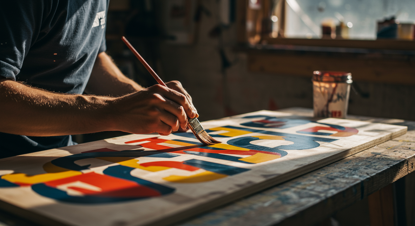 A skilled logo painter meticulously applying vibrant paint to a wooden sign in a sunlit workshop. The focus is on the painter's hands and the brush strokes, showcasing the artistry involved.