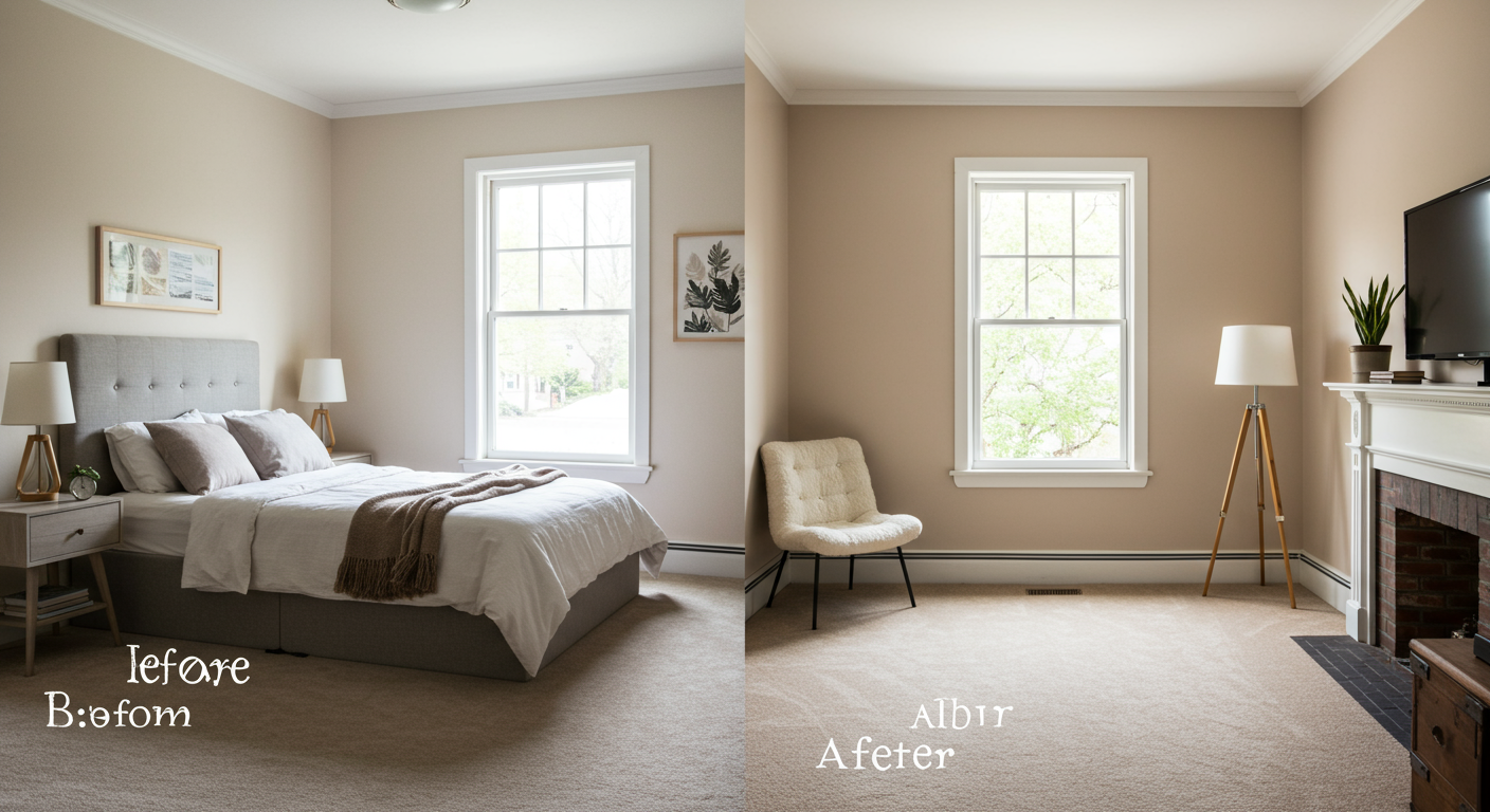 A cozy bedroom transformation with before and after visuals. The 'before' image shows a bland, uninspired room, while the 'after' image reveals a serene, beautifully painted space with harmonious color choices.
