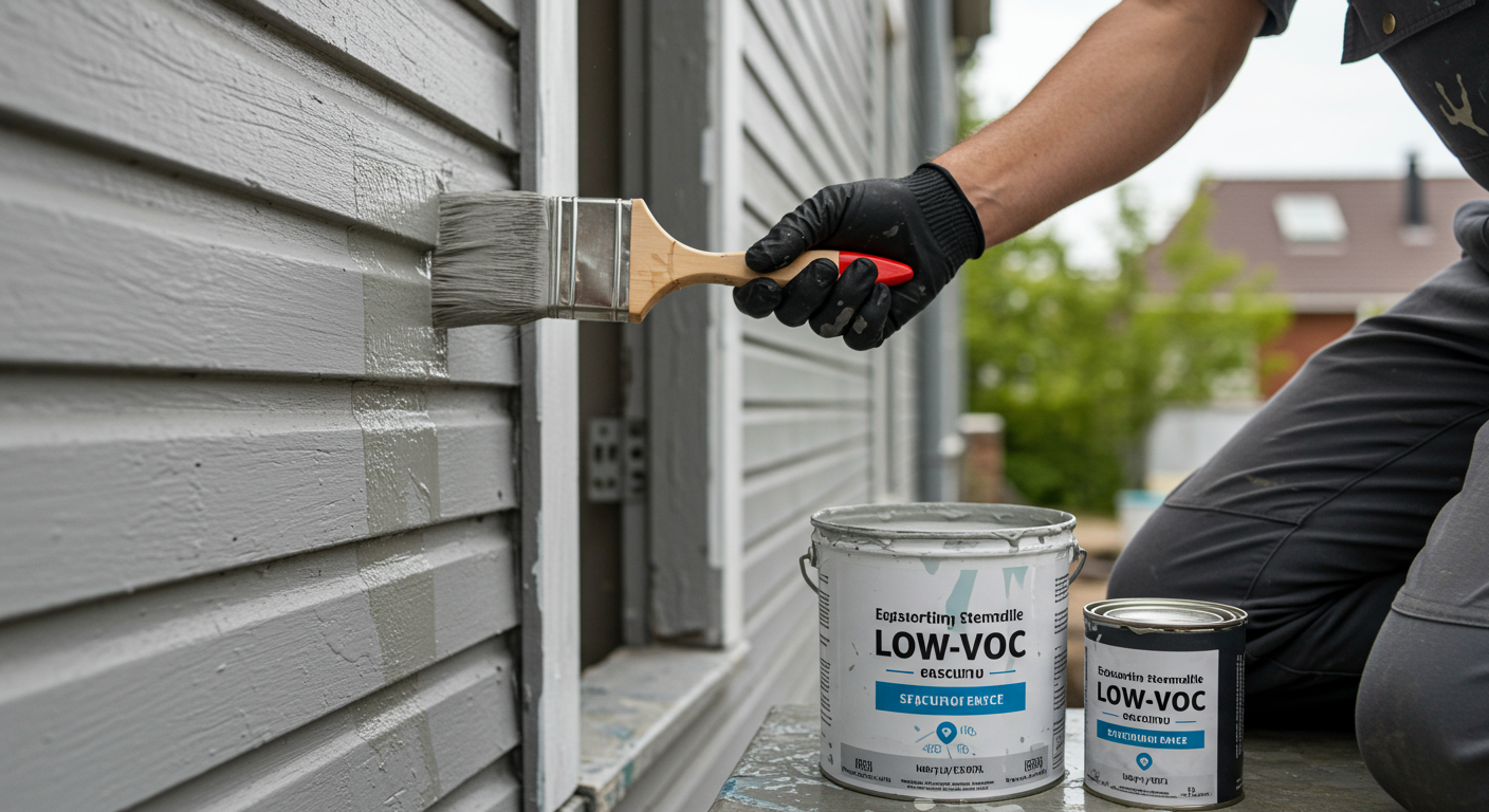 A skilled painter carefully applying eco-friendly paint to the exterior of an old home. The painter is using a brush, and the scene includes paint cans labeled as low-VOC, emphasizing sustainable practices.